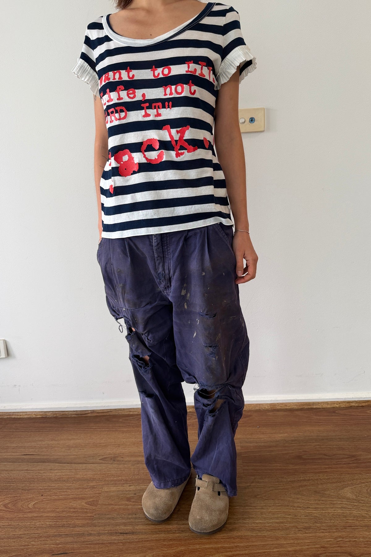 GF Ferré Striped Graphic Tee - "I want to live my life, not record it" M