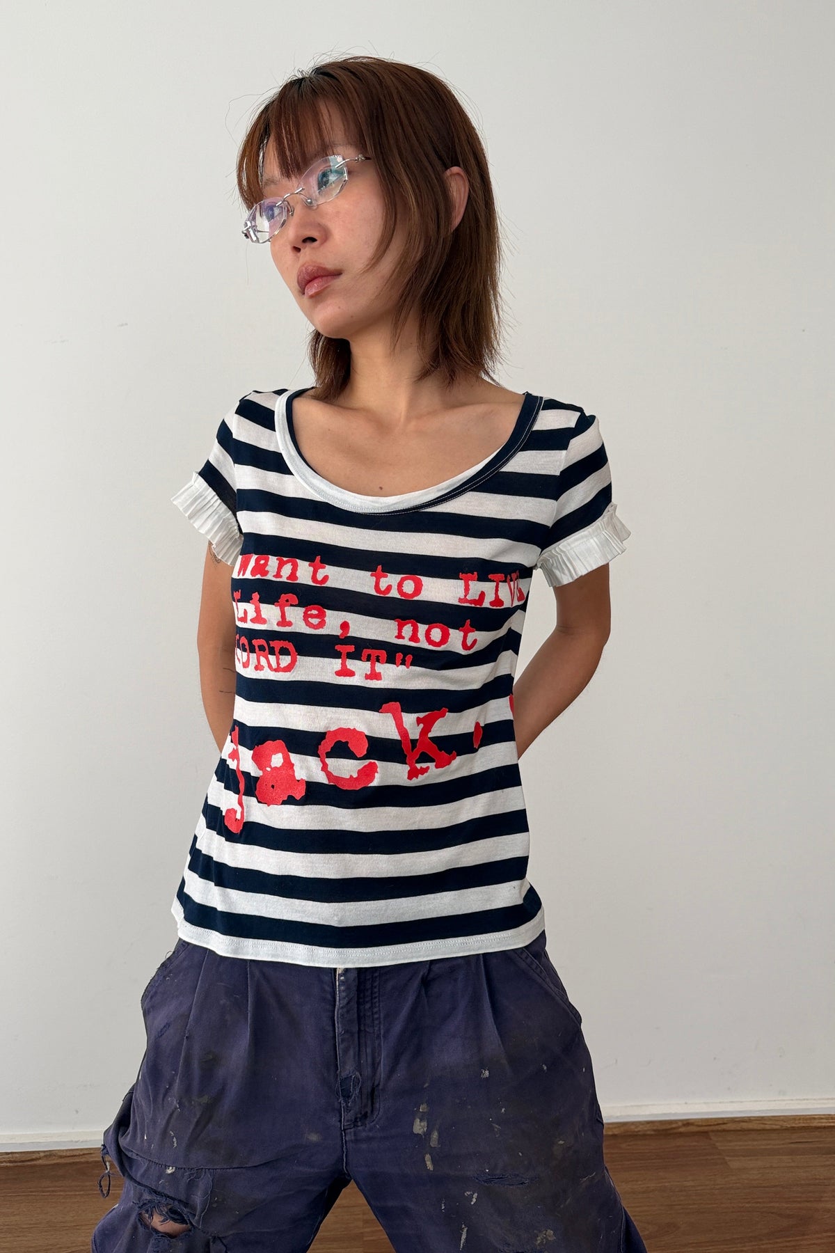 GF Ferré Striped Graphic Tee - "I want to live my life, not record it" M