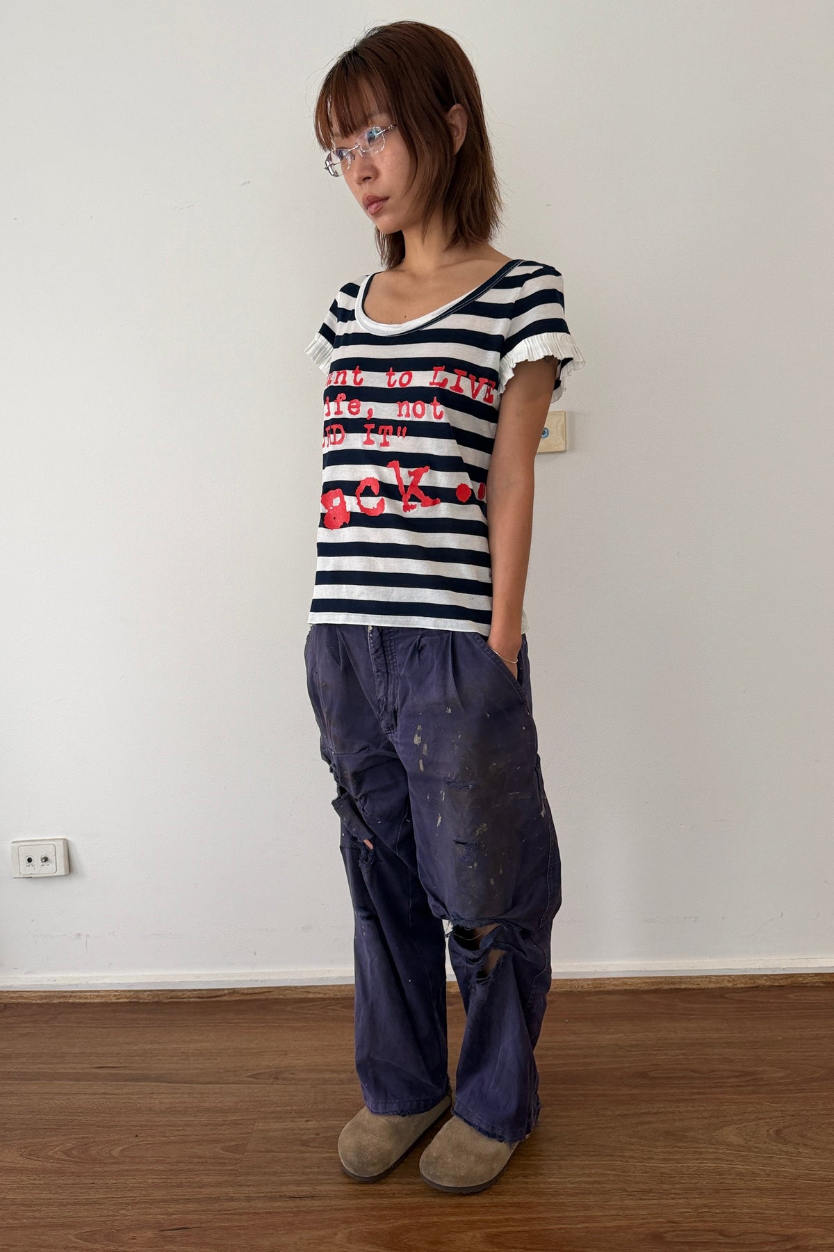 GF Ferré Striped Graphic Tee - "I want to live my life, not record it" M