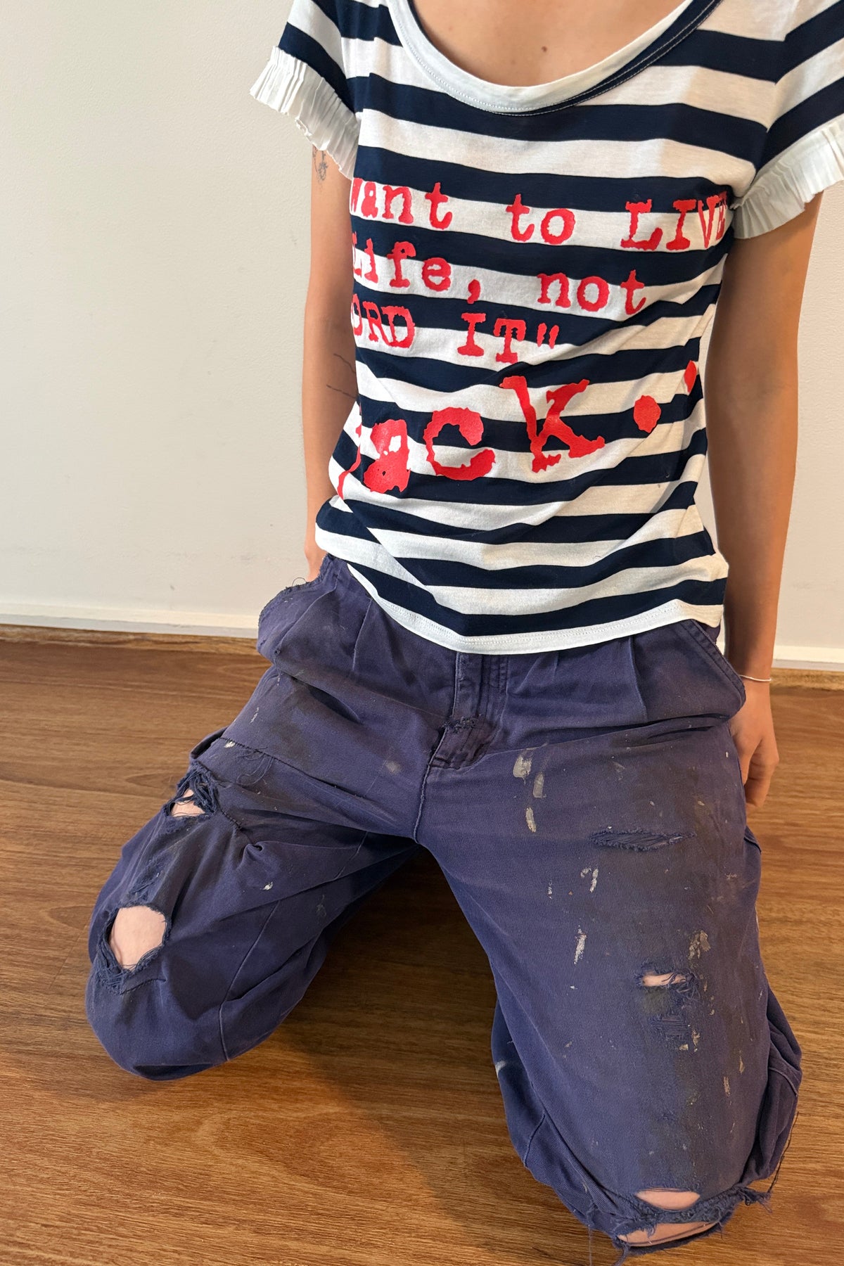 GF Ferré Striped Graphic Tee - "I want to live my life, not record it" M