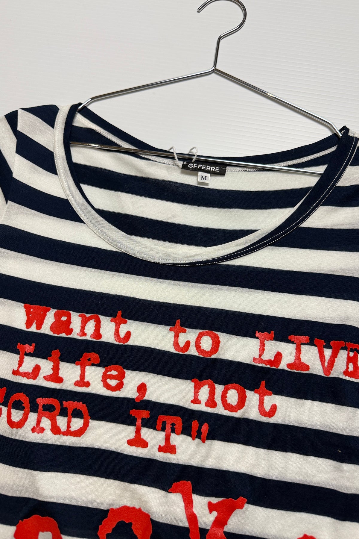 GF Ferré Striped Graphic Tee - "I want to live my life, not record it" M